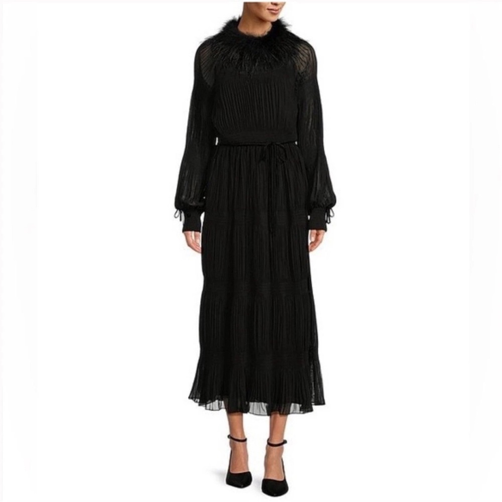 Gibson and Latimer Feather Mock Neck Long Sleeve Velvet Bow Pleated Dress sz S